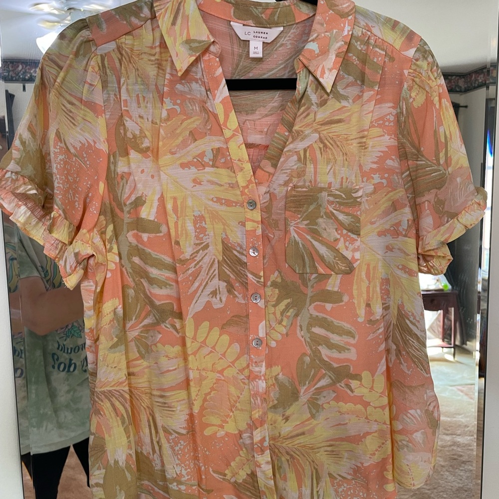LC Lauren Conrad Peach Tropical Button-Front Blouse